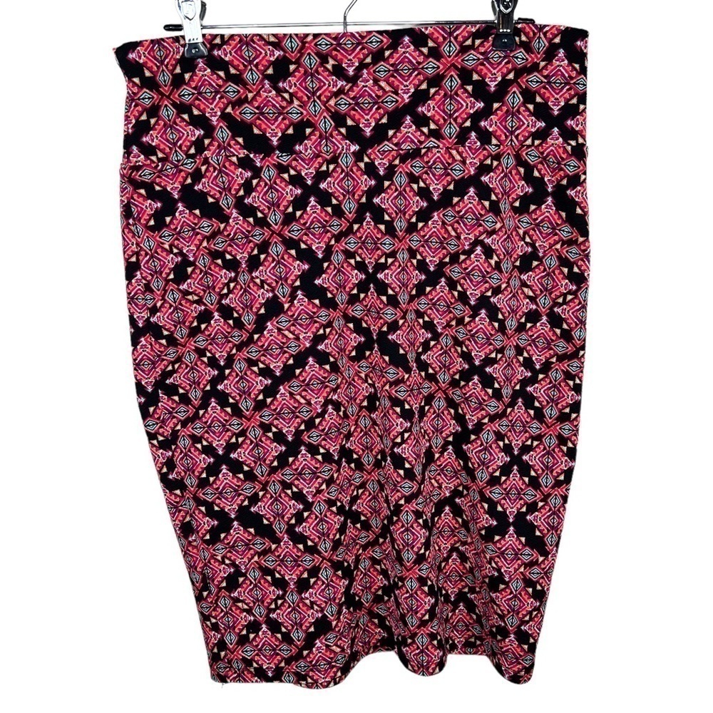 L LuLaRoe Black & Orange Pink Geometric Print Pencil Skirt Stretch Large